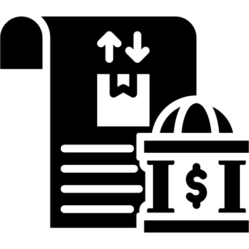 Icon of a financial document with a dollar sign and arrows.