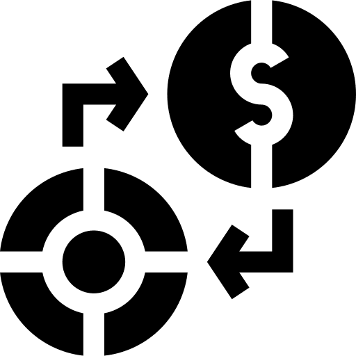 Icon showing goal and money exchange arrows.