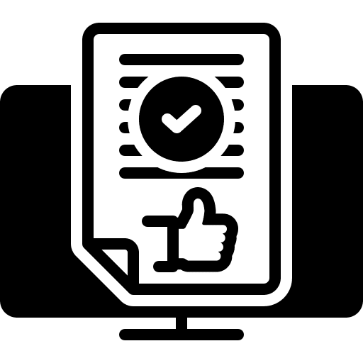 Digital approval icon with thumbs-up on a screen.