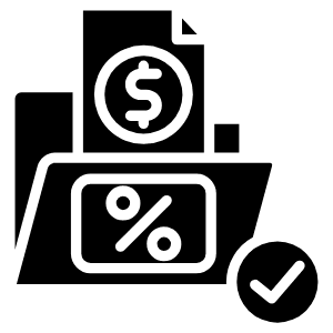 Icon showing a folder with a dollar coin, percentage symbol, and checkmark.
