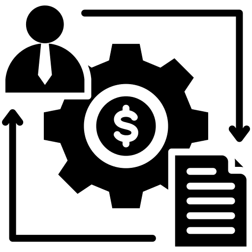 Icon showing business process with document, gear, and person.