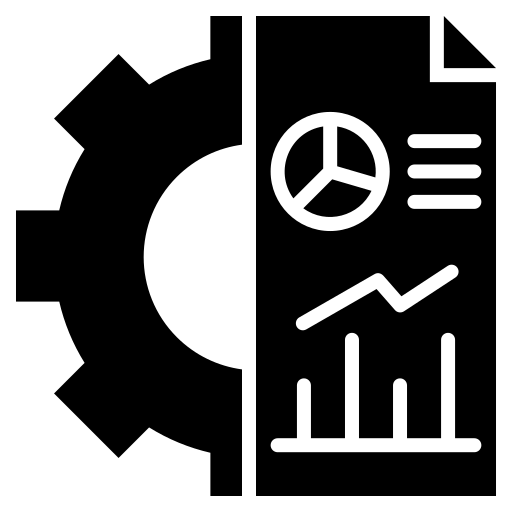 Icon showing a gear and a financial report with charts.