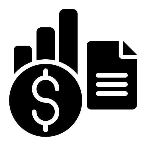 Icon of financial report with dollar sign and bar chart.