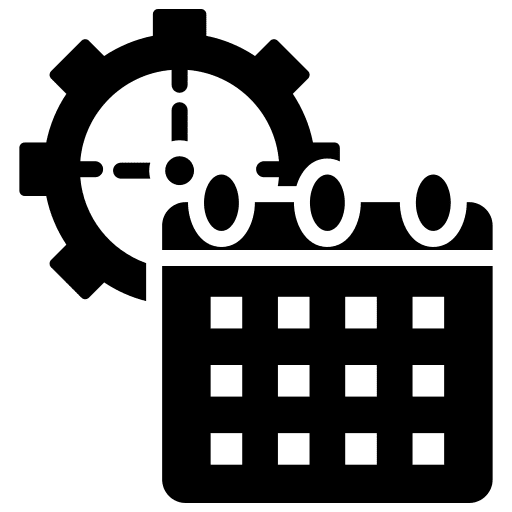Calendar with gear symbolizing scheduling or settings.