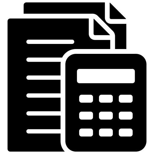 Icon of a calculator and document representing financial calculations.