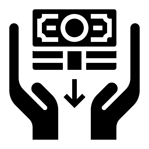 Hands holding a banknote symbol with a downward arrow.