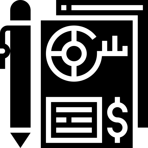 Icon of a pen, key, document, and dollar sign symbolizing security and finance.