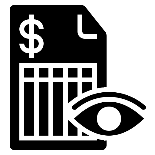 Icon of a document with a dollar sign and an eye symbol.