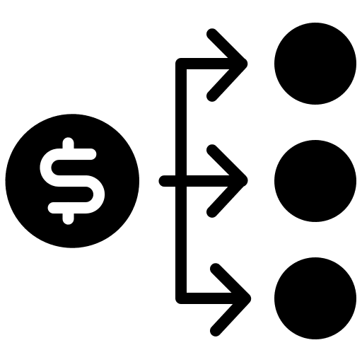 A dollar sign branching out to three circles representing financial distribution.