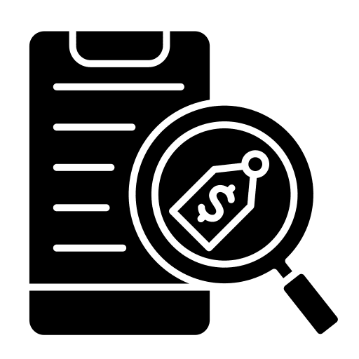 Smartphone with magnifying glass highlighting a price tag symbol.