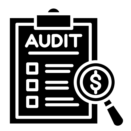 Icon of an audit clipboard with checklist and magnifying glass showing a dollar sign.