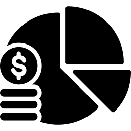 Black and white icon of a pie chart with dollar coins.