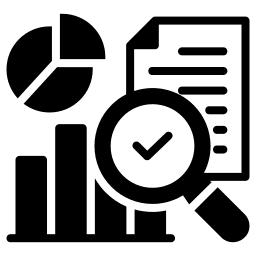Icon showing data analysis with charts and a magnifying glass.