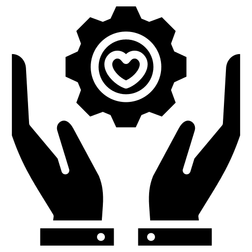 Hands holding a gear with a heart symbol inside.